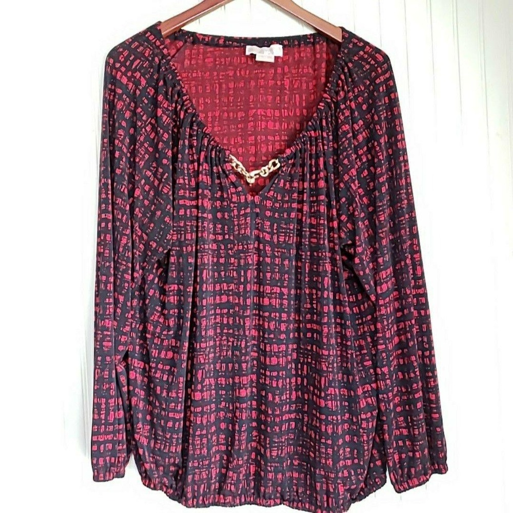 MICHAEL Michael Kors Blouse Womens Plus 1X Red Scoop Neck Long Sleeve Tunic Top - Picture 2 of 8